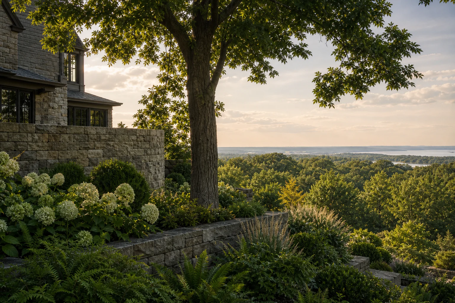 Layered gardens and stonework at the fictional Clinton Hill Residence